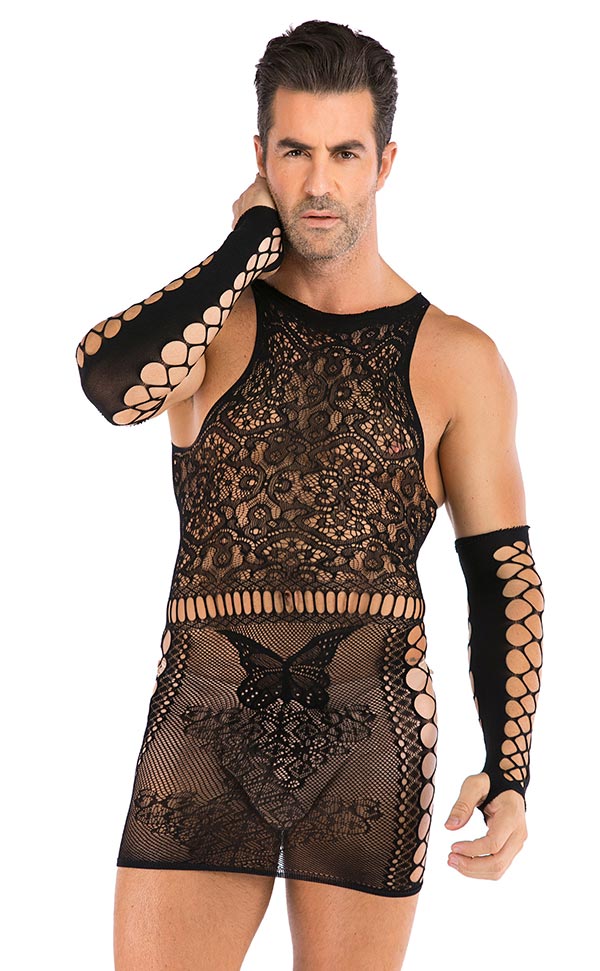 Men’s Lace Nylon Dress with Fingerless Net Gloves Men’s Lace Nylon Dress with Fingerless Net Gloves