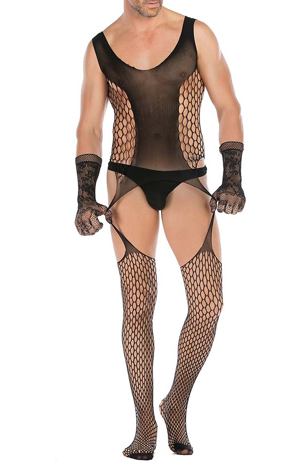 Men’s Lace Suspender Bodystocking with Lace Gloves Men’s Lace Suspender Bodystocking with Lace Gloves