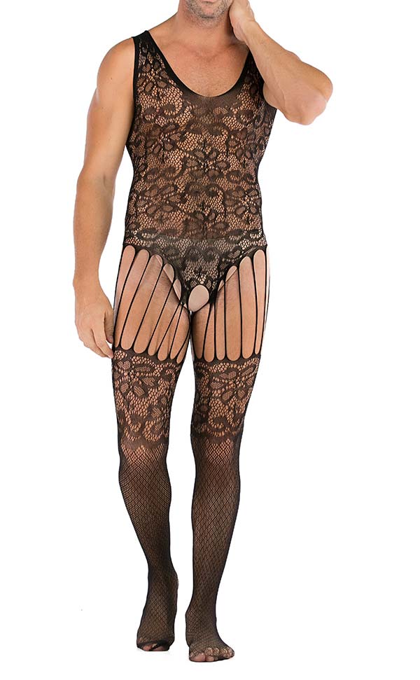 Men’s Mesh Lace Suspender Bodystocking Sleeveless Men’s Mesh Lace Suspender Bodystocking Sleeveless