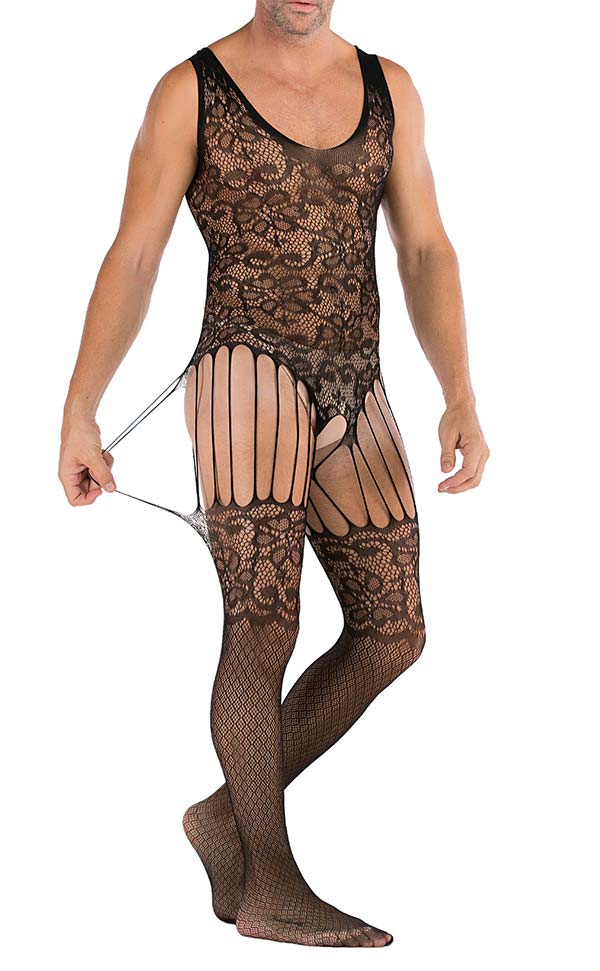 Men’s Mesh Lace Suspender Bodystocking Sleeveless Men’s Mesh Lace Suspender Bodystocking Sleeveless