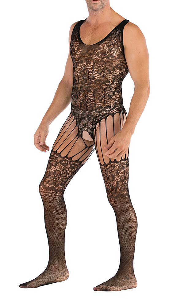 Men’s Mesh Lace Suspender Bodystocking Sleeveless Men’s Mesh Lace Suspender Bodystocking Sleeveless