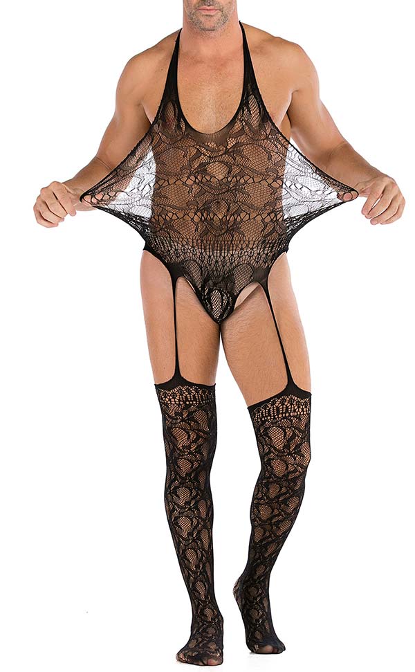 Men’s Mesh Lace Halter Neck Suspender Bodystocking Men’s Mesh Lace Halter Neck Suspender Bodystocking