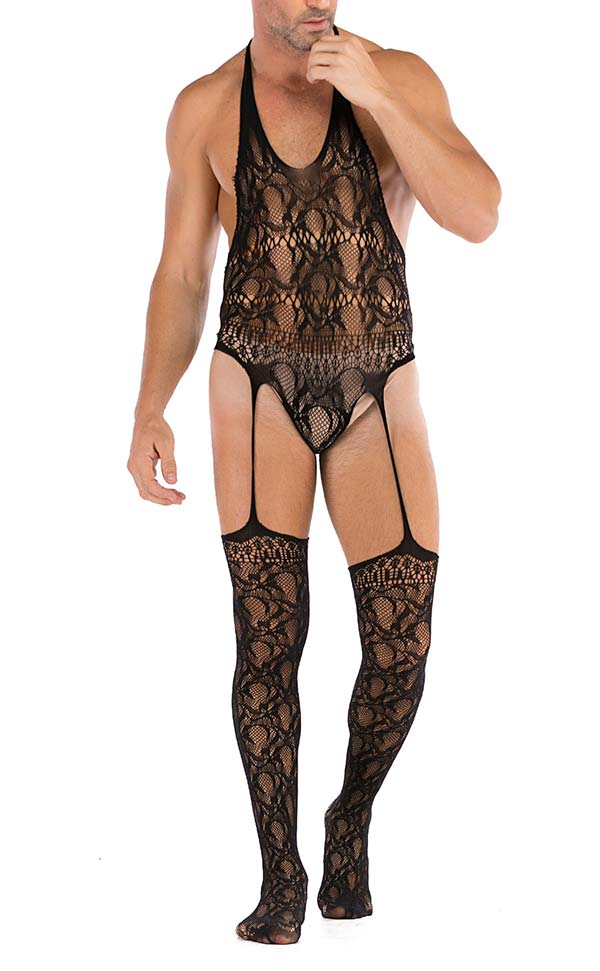 Men’s Mesh Lace Halter Neck Suspender Bodystocking Men’s Mesh Lace Halter Neck Suspender Bodystocking