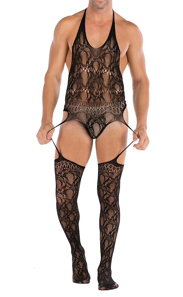 Men’s Mesh Lace Halter Neck Suspender Bodystocking Men’s Mesh Lace Halter Neck Suspender Bodystocking