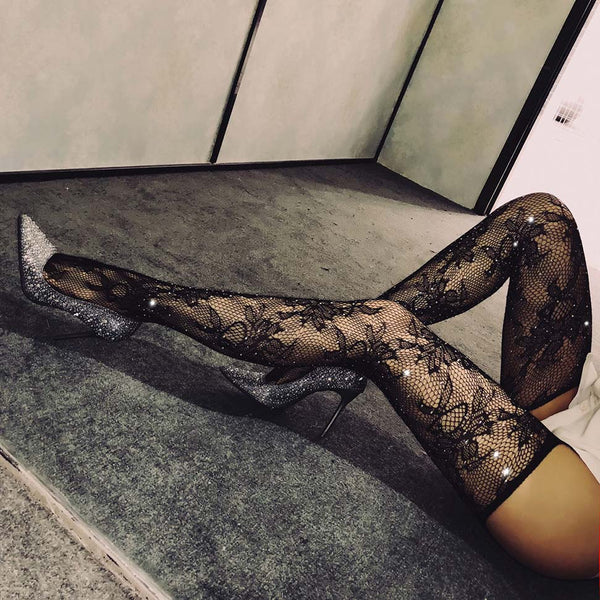 Lace Suspender Fishnet Tights with Rhinestone Lace Suspender Fishnet Tights with Rhinestone