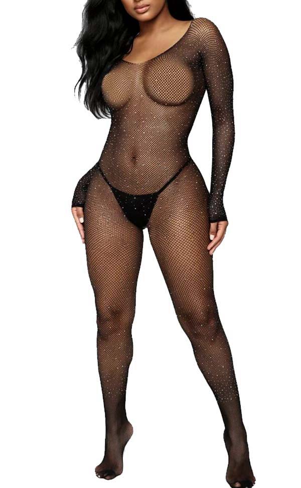 Long Sleeve Rhinestone Mesh Bodystocking Long Sleeve Rhinestone Mesh Bodystocking