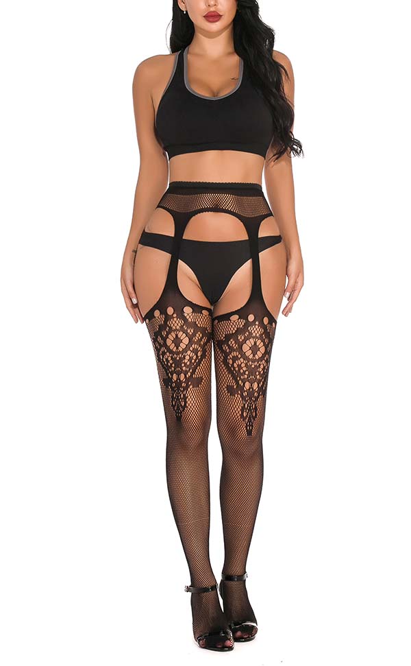 Fishnet and Lace Cuban Heel Pantyhose Fishnet and Lace Cuban Heel Pantyhose