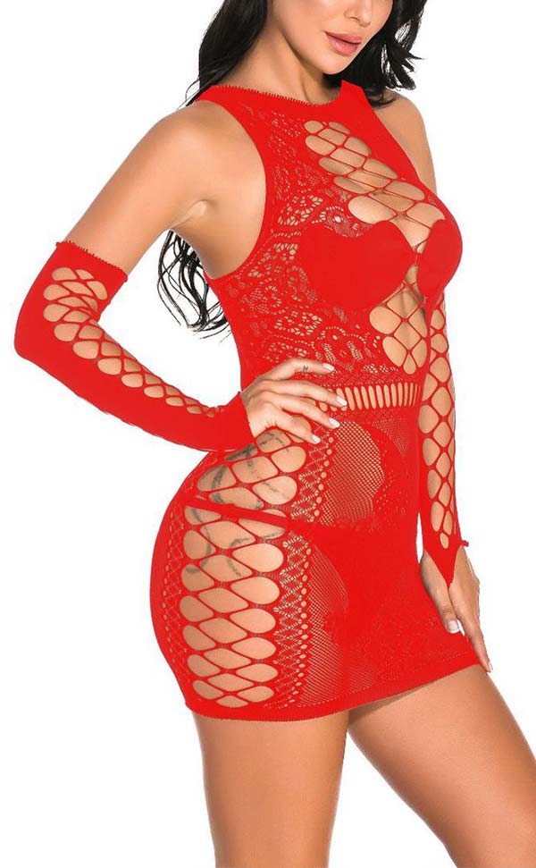Lace Nylon Dress with Fingerless Net Gloves Lace Nylon Dress with Fingerless Net Gloves