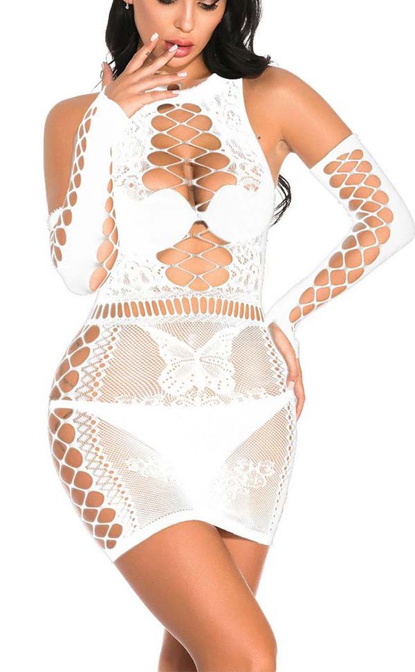 Lace Nylon Dress with Fingerless Net Gloves Lace Nylon Dress with Fingerless Net Gloves