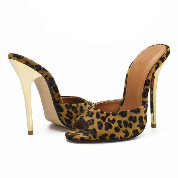 Peep-Toe Leopard Print Mules Slides Peep-Toe Leopard Print Mules Slides