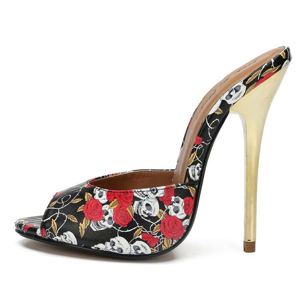 Skull Peep-Toe Mules Stiletto Slides Skull Peep-Toe Mules Stiletto Slides