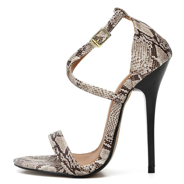 Snake Pattern Open Toe Ankle Straps Stilettos Snake Pattern Open Toe Ankle Straps Stilettos
