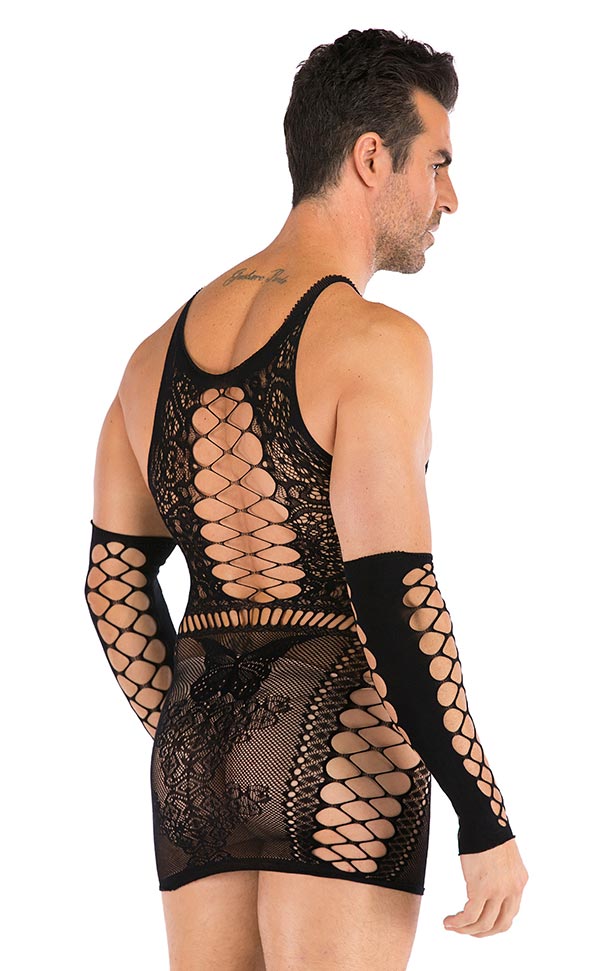 Men’s Lace Nylon Dress with Fingerless Net Gloves