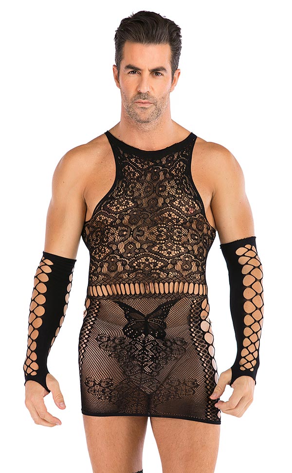 Men’s Lace Nylon Dress with Fingerless Net Gloves