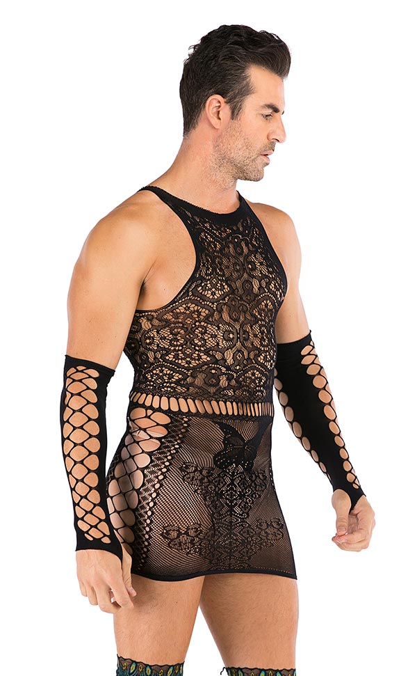 Men’s Lace Nylon Dress with Fingerless Net Gloves