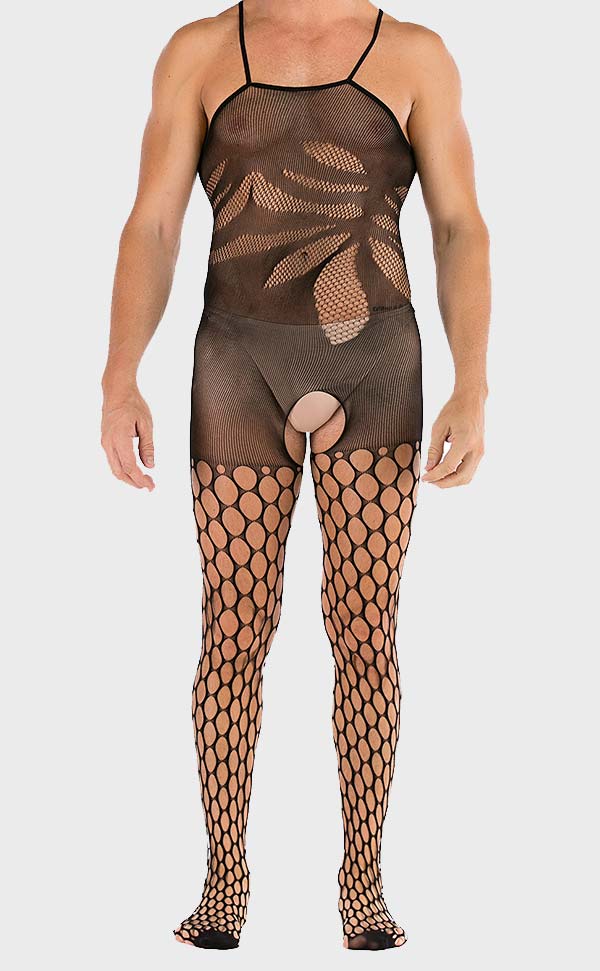 Men’s Sexy Stretch Large Net Crotchless Bodystocking