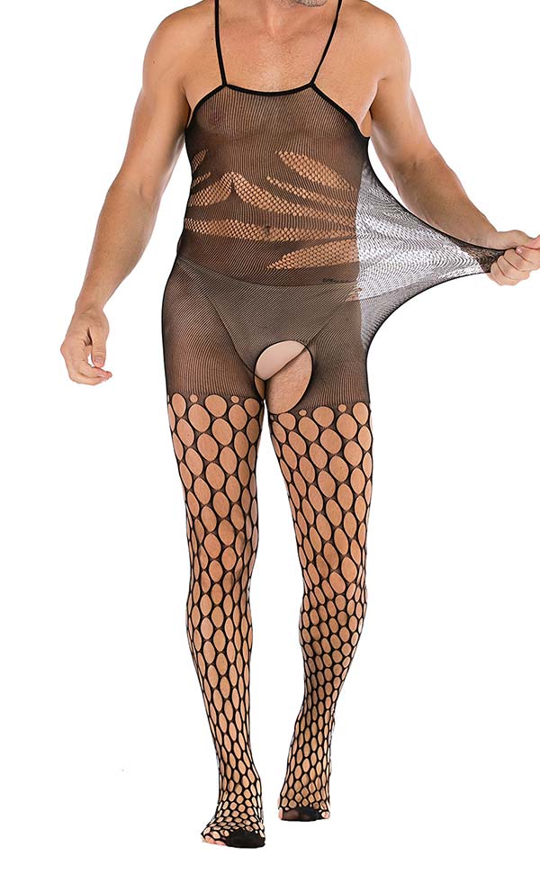 Men’s Sexy Stretch Large Net Crotchless Bodystocking