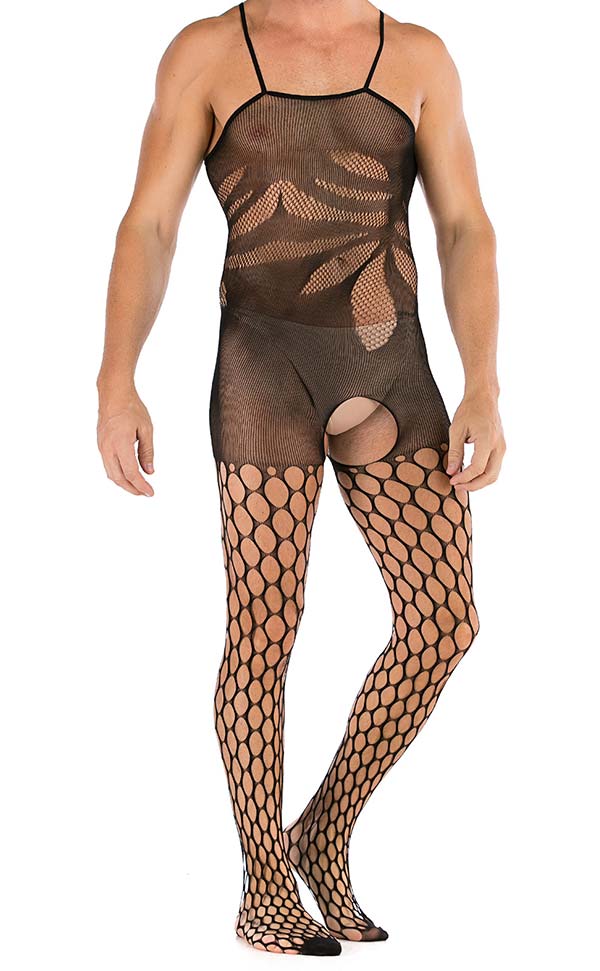 Men’s Sexy Stretch Large Net Crotchless Bodystocking