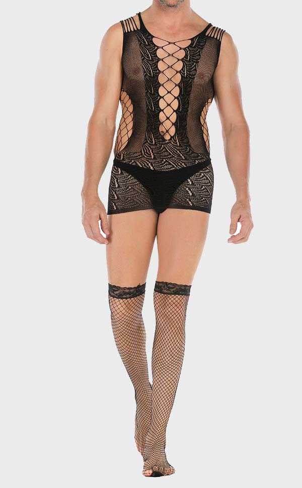 Men’s Bodystocking Mini Dress Stretch Lace and Mesh Black