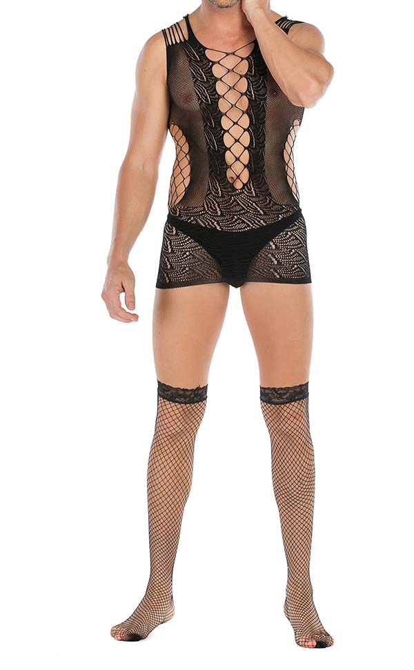 Men’s Bodystocking Mini Dress Stretch Lace and Mesh Black