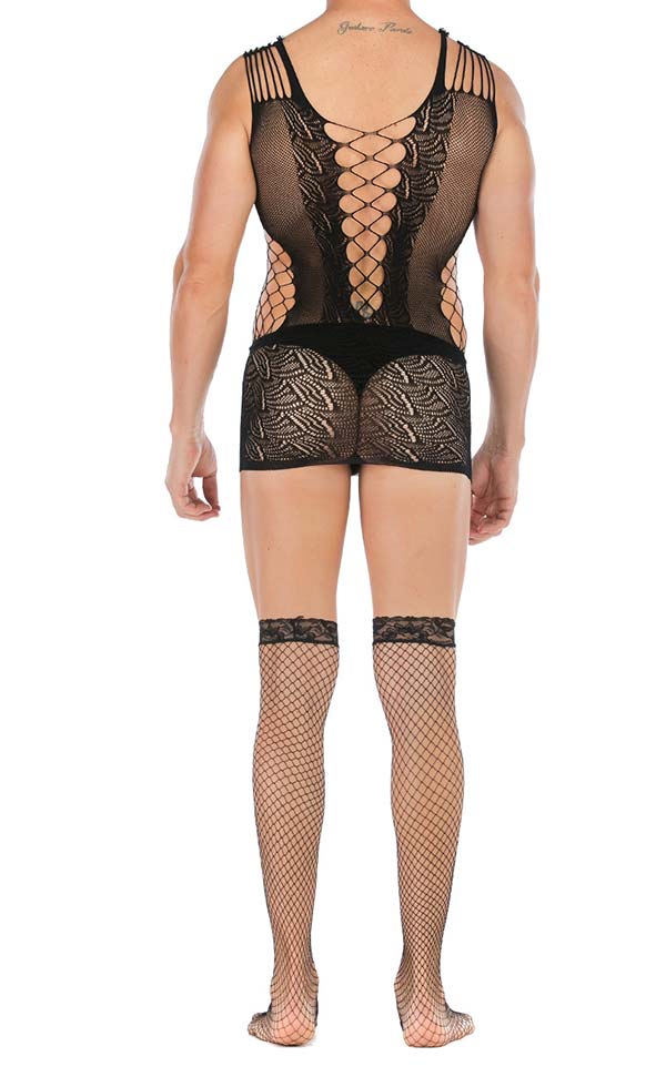 Men’s Bodystocking Mini Dress Stretch Lace and Mesh Black