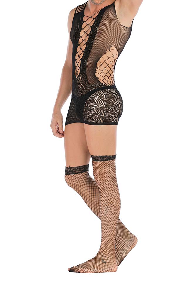 Men’s Bodystocking Mini Dress Stretch Lace and Mesh Black