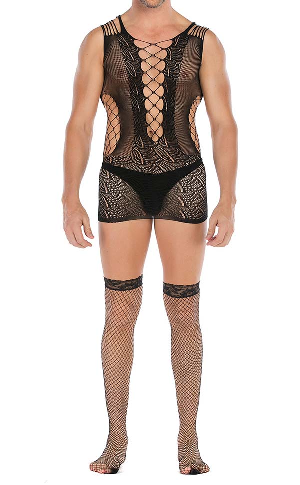 Men’s Bodystocking Mini Dress Stretch Lace and Mesh Black