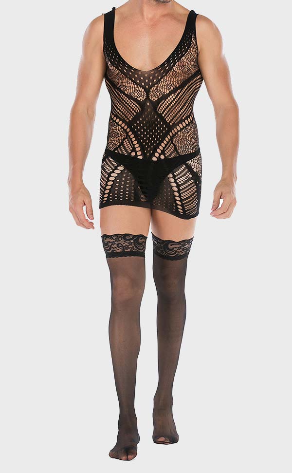 Men’s Bodystocking Mini V-Neck Lace Dress