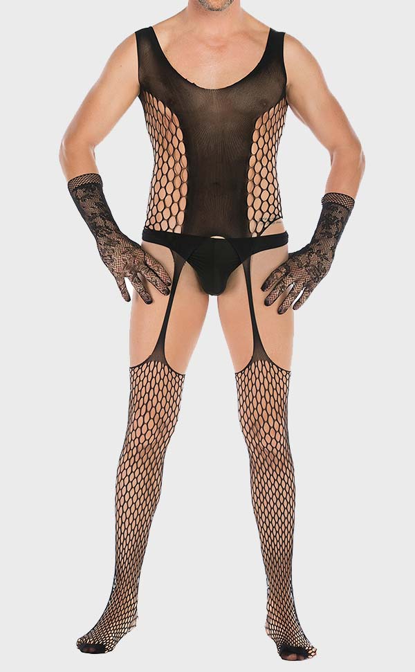 Men’s Lace Suspender Bodystocking with Lace Gloves