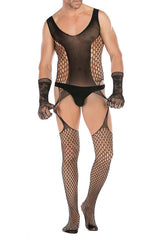 Men’s Lace Suspender Bodystocking with Lace Gloves