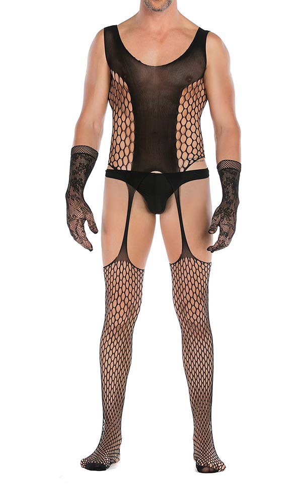 Men’s Lace Suspender Bodystocking with Lace Gloves