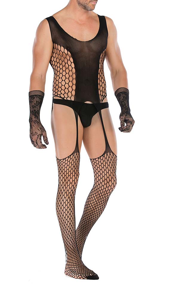 Men’s Lace Suspender Bodystocking with Lace Gloves