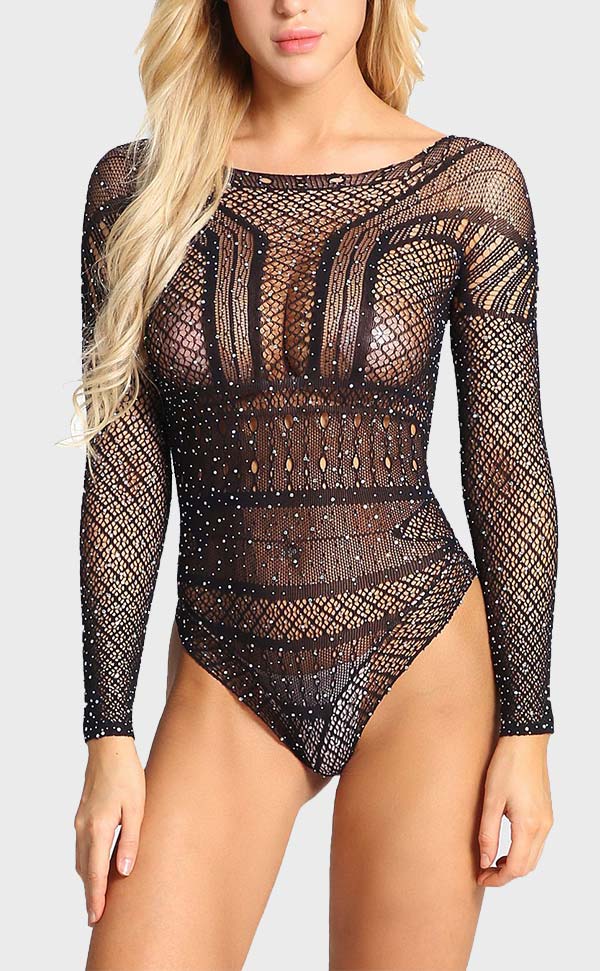 Women Shiny Diamond Mesh Bodysuit