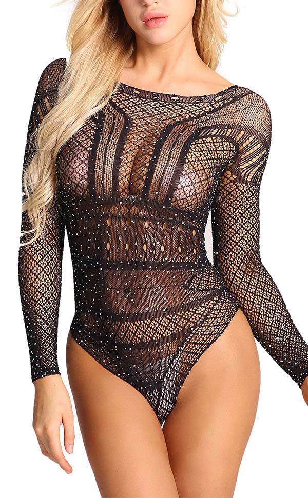 Women Shiny Diamond Mesh Bodysuit