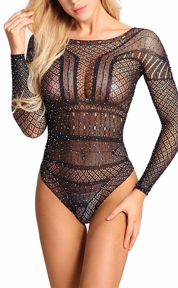 Women Shiny Diamond Mesh Bodysuit