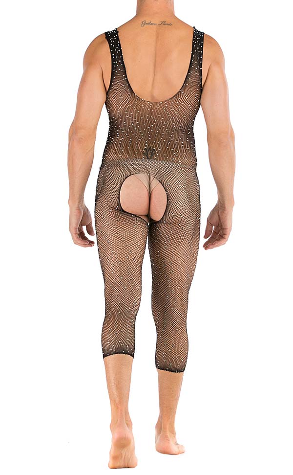 Men’s Shiny Diamond Mesh Sleeveless Bodystocking Open Crotch