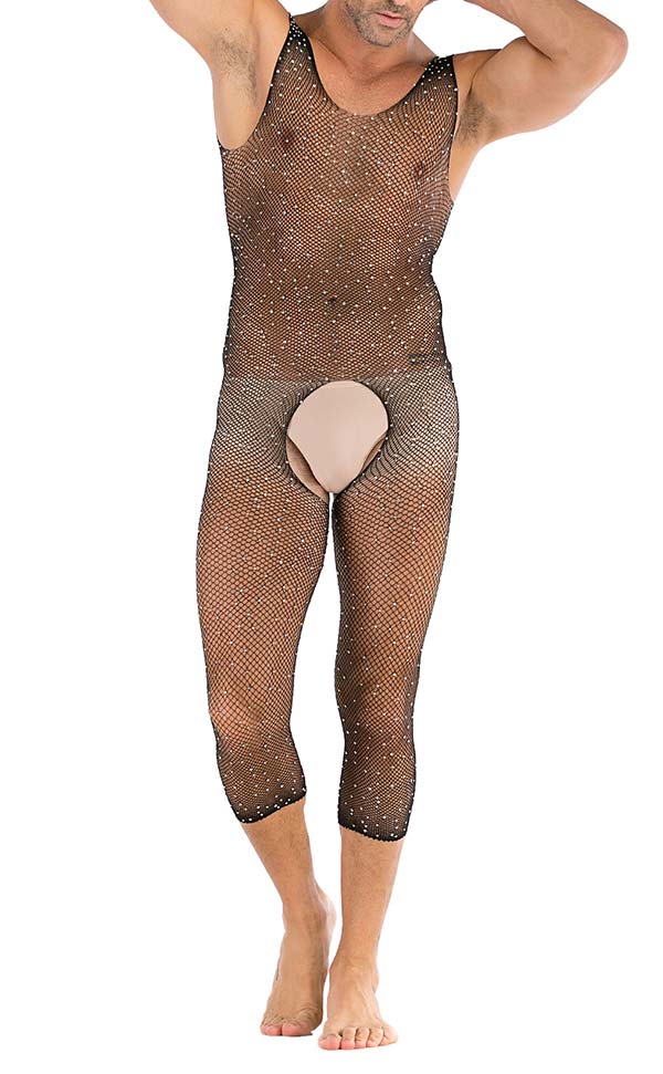 Men’s Shiny Diamond Mesh Sleeveless Bodystocking Open Crotch