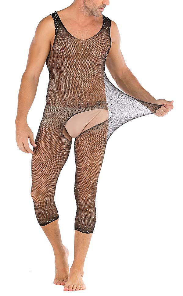 Men’s Shiny Diamond Mesh Sleeveless Bodystocking Open Crotch