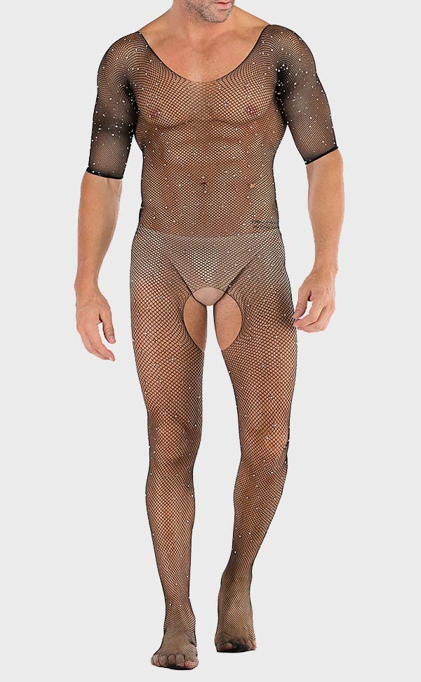 Men’s Shiny Diamond Mesh Crotchless Bodystocking