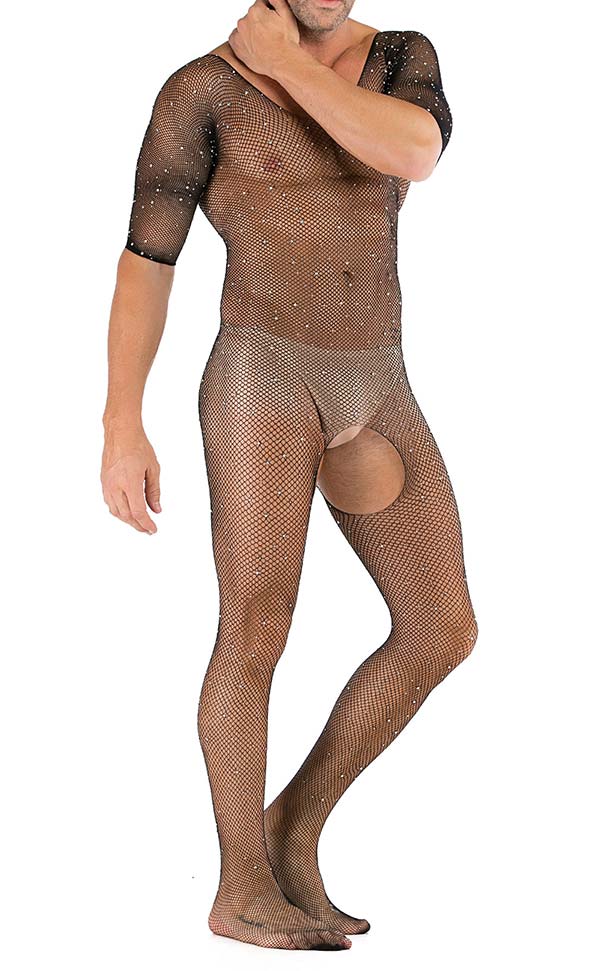 Men’s Shiny Diamond Mesh Crotchless Bodystocking