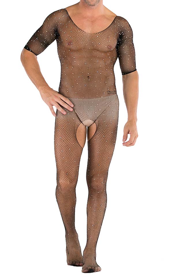 Men’s Shiny Diamond Mesh Crotchless Bodystocking