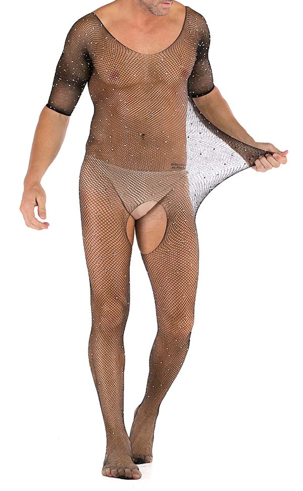 Men’s Shiny Diamond Mesh Crotchless Bodystocking