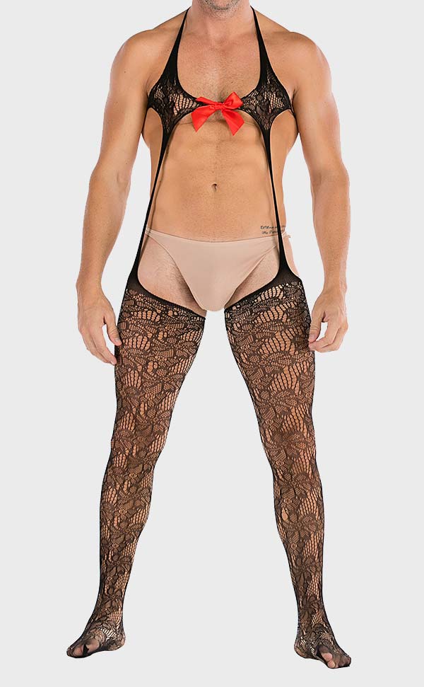 Men’s Sexy Fish Net Bodystocking with Bow-Knot