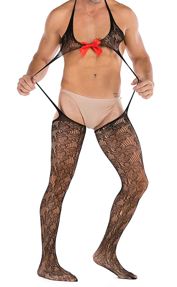 Men’s Sexy Fish Net Bodystocking with Bow-Knot