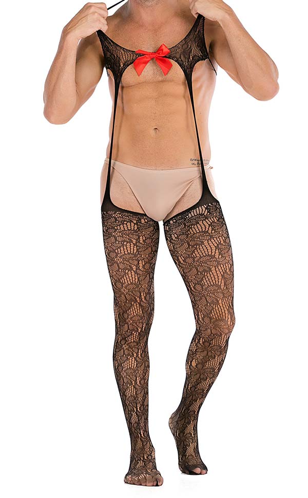 Men’s Sexy Fish Net Bodystocking with Bow-Knot