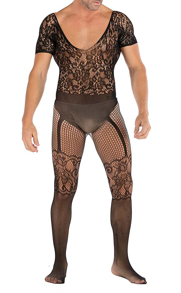 Men’s Fishnet Floral Pattern Backless Bodystocking