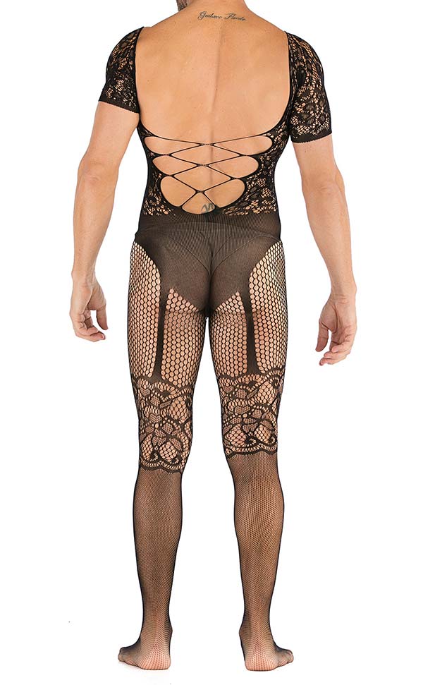 Men’s Fishnet Floral Pattern Backless Bodystocking