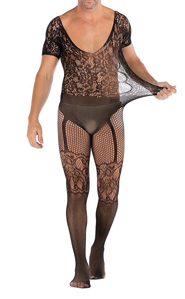 Men’s Fishnet Floral Pattern Backless Bodystocking