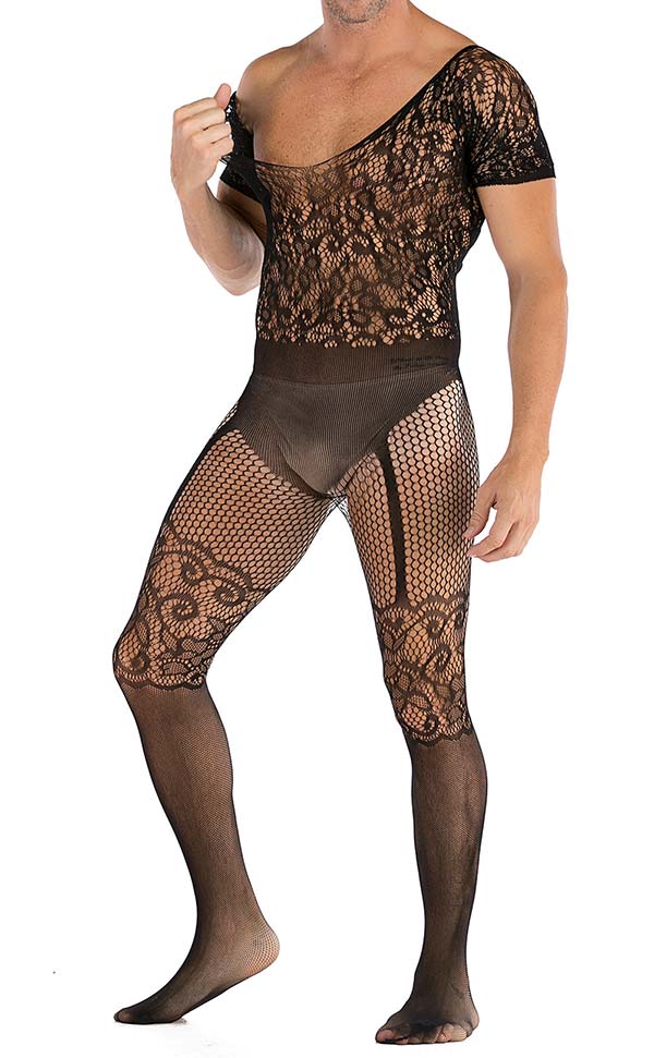 Men’s Fishnet Floral Pattern Backless Bodystocking