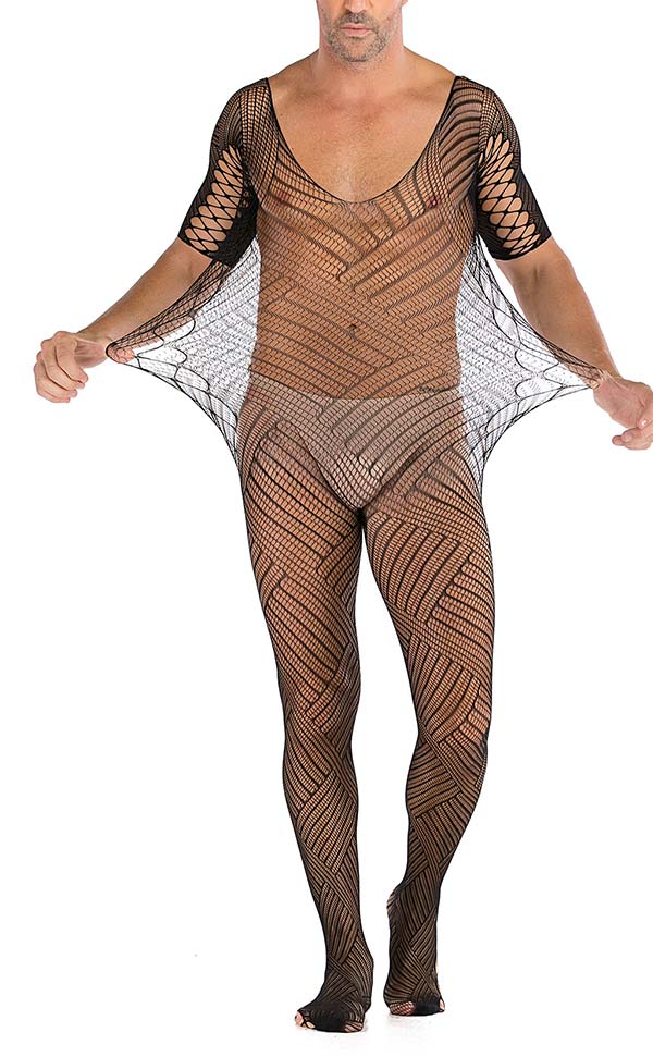 Men’s Sexy Mesh Short Sleeve Striped Body Stocking